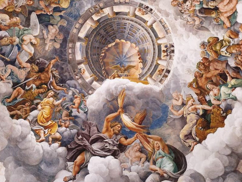 «Собрание богов вокруг престола Юпитера» — фреска из Зала гигантов в Палаццо дель Те в Мантуе (Италия), автор - Джулио Романо, одновременно живописец и архитектор.