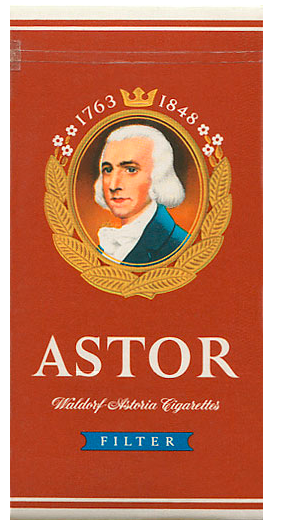 "Astor" Filter. Duty Free, Германия, 1970-е годы. 3 штуки с фильтром в выдвижной коробке и в целлофане. Производитель: Reemtsma. Владелец торговой марки: Waldorf Astoria. Бесплатная (комплиментарная)  упаковка, не продавалась.