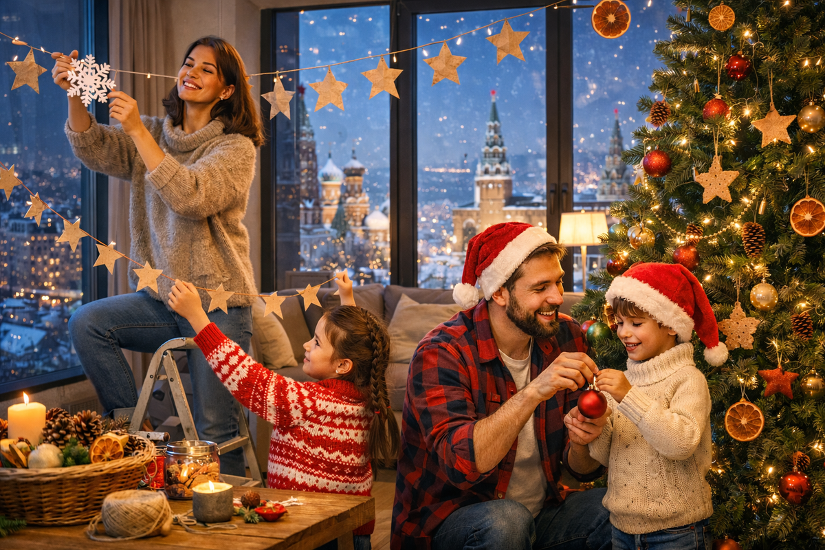 Сделанные своими руками гирлянды и старые игрушки — бюджетный способ ярко украсить дом к Новому году. Изображение: ChatGPT