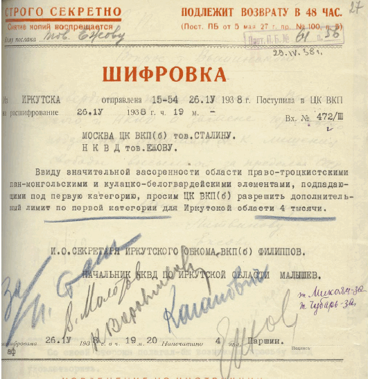 Телеграмма и. о. секретаря Иркутского обкома Филиппова и начальника НКВД Иркутской обл. Малышева об увеличении лимита на число расстрелянных. Резолюция Сталина «За», подпись Молотова вторая