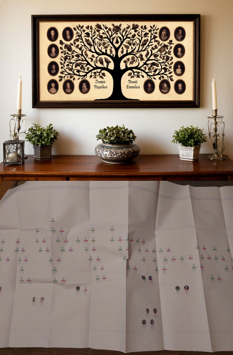 Верхняя часть коллажа сгенерированна ИИ для примера. Нижняя – мое распечатанное древо. Фото и коллаж автора. 