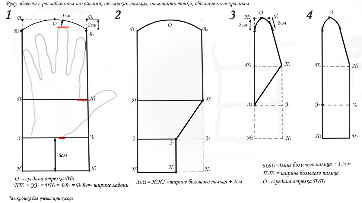 Выкройка варежек без припусков, четыре детали