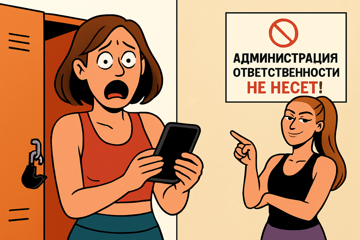 Украли телефон в раздевалке фитнеса. Я в ярости. Абонемент стоит как крыло самолёта, а безопасности ноль. Администратор: "Надо было с собой брать. Читайте правила!". Неужели я должна жать штангу с телефоном в зубах?
