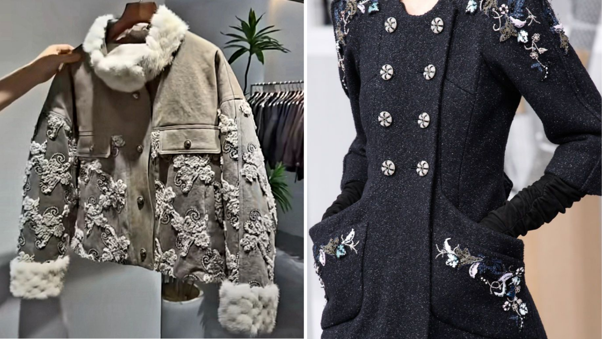 Вышивка на пальто кордовым кружевом