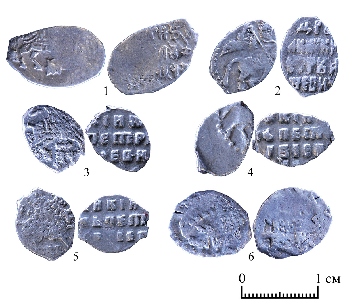 Комплекс русских монет эмиссии Михаила Фёдоровича, Ивана Алексеевича / Петра Алексеевича и Петра Алексеевича, найденный в низовьях р. Варзуга в 1958 г. Фото А.И. Мурашкин