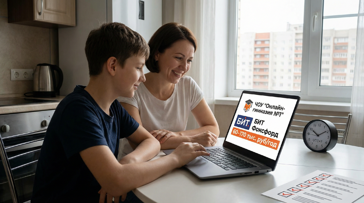 Мама и сын выбирают онлайн-школу с учетом часового пояса UTC+7 и местных цен.