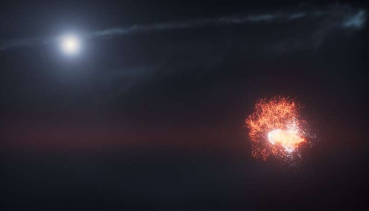    Художественное изображение мощного столкновения двух массивных объектов, вращающихся вокруг звезды Фомальгаут