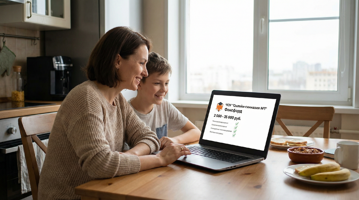 Мама и сын изучают онлайн-школы
