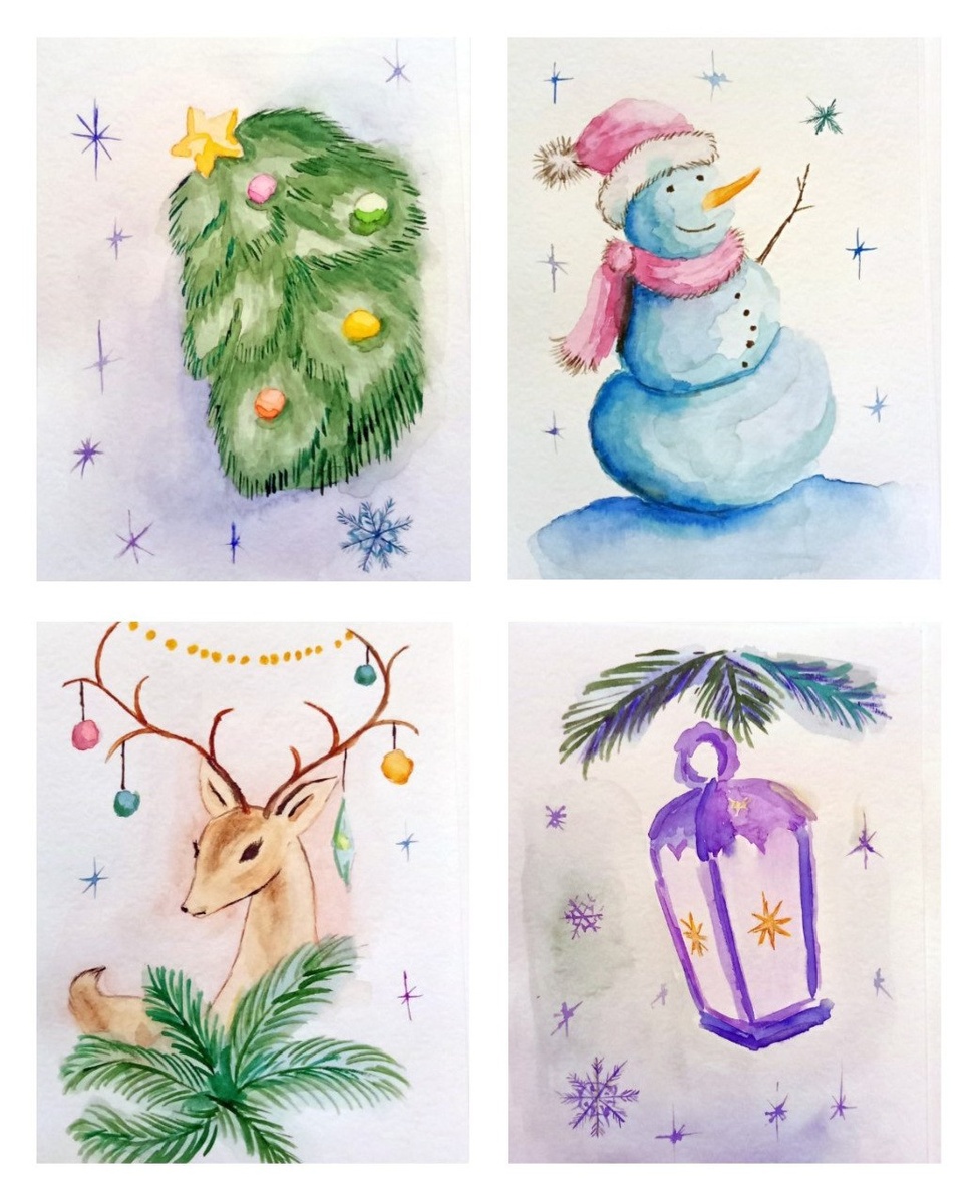 мои новогодние открытки (бумага, акварель)