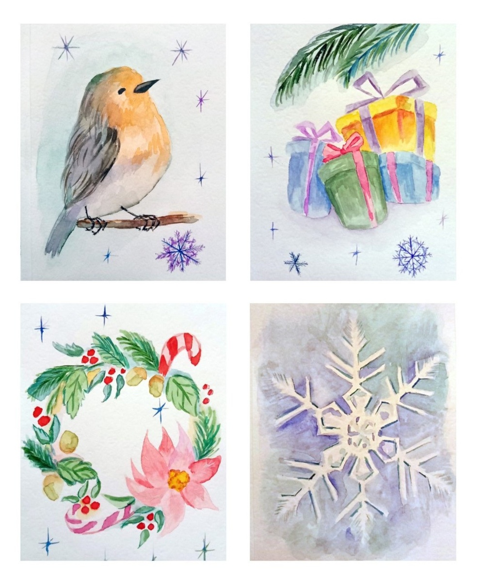 мои новогодние открытки (бумага, акварель)