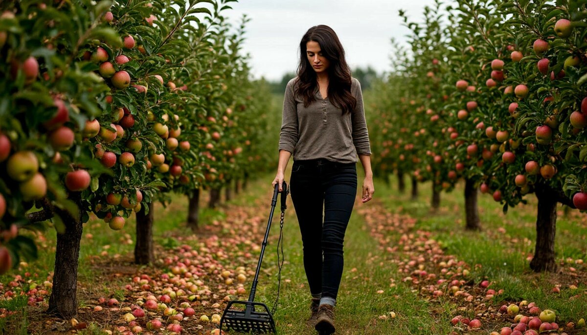 Темная брюнетка ходит с металлоискателем по яблоневому саду и что-то ищет - Шедевруму замечание - Меня нужно предполагать, придумывать и рисовать в одежде женской ) Ниже Шедеврум исправился ))) 