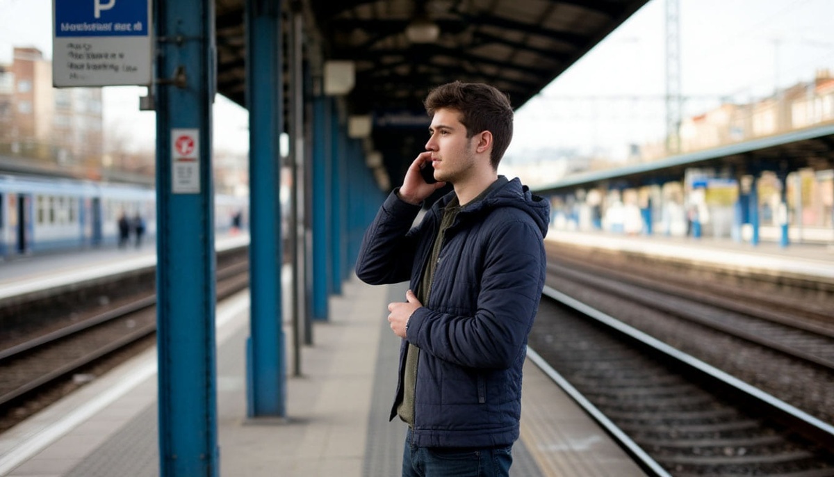 Парень на железнодорожной станции разговаривает по телефону