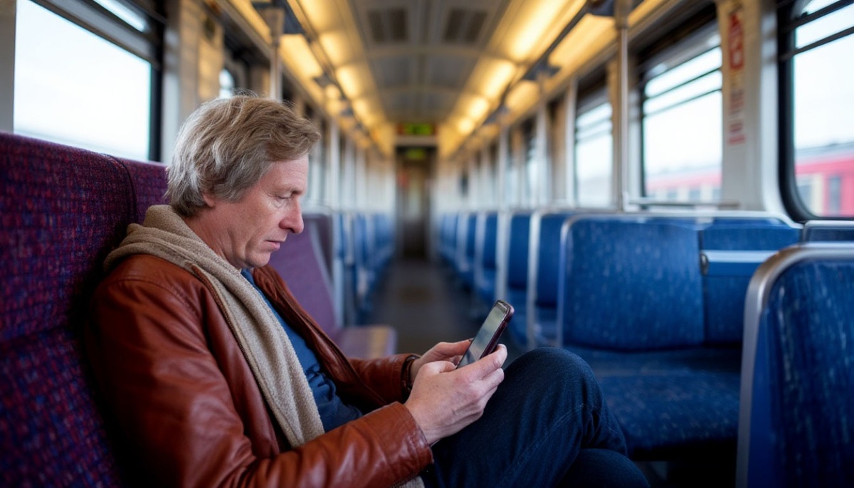 Мужчина в поезде использует подключение к интернету