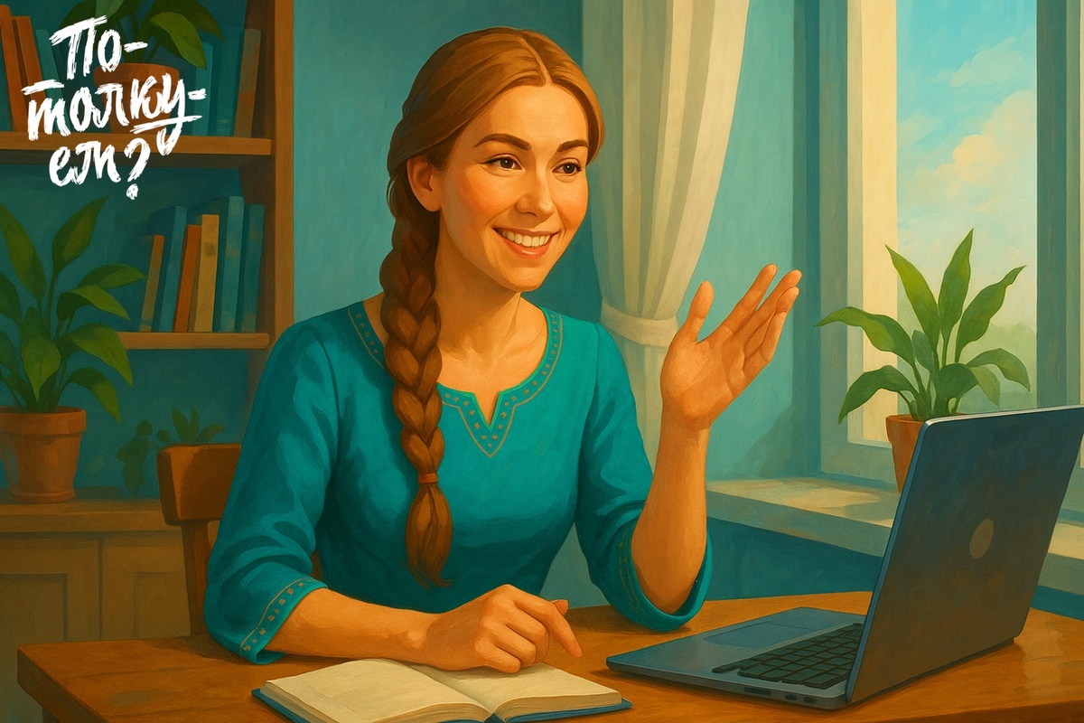 Девушка в бирюзовом платье сидит за столом с ноутбуком и блокнотом у окна
