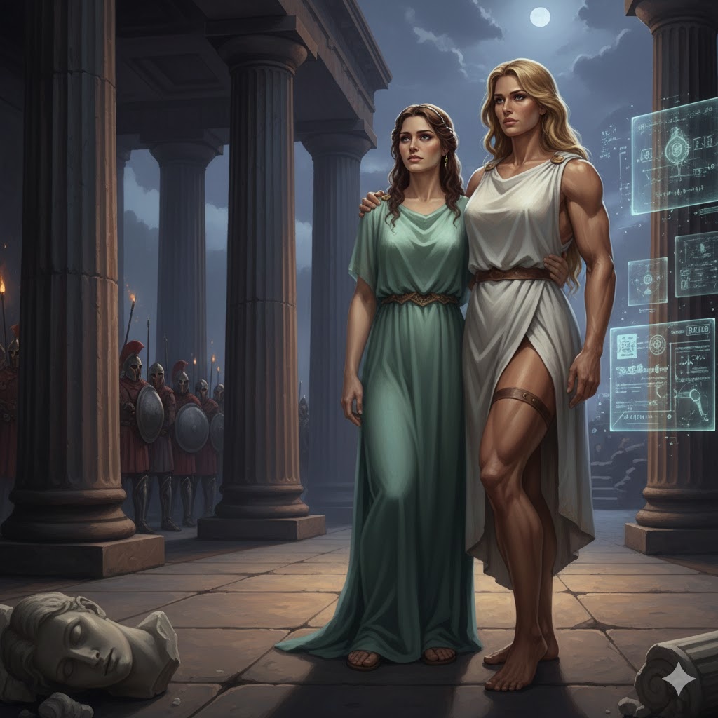 "Диалог о Мере: Афинская мудрость и Лаконская сила (Таис и Эгесихора)", иллюстрация создана сетью Джемини