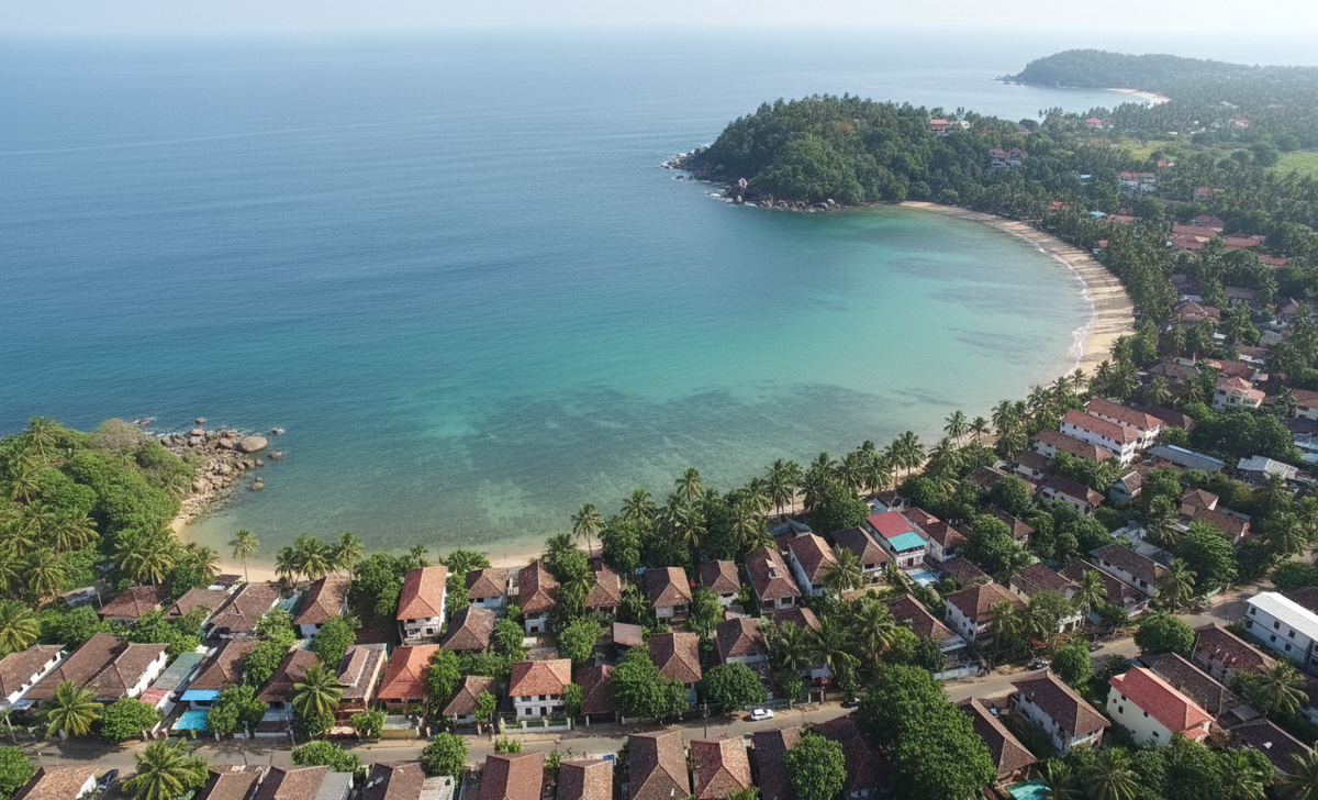 Пляж Унаватуна, Шри-Ланка: вид сверху, спокойная бухта для купания без волн.