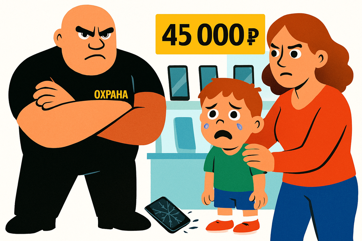 Сын случайно задел телефон на витрине. Экран вдребезги.
Охрана встала стеной: «Платите полную стоимость здесь и сейчас, или мы вызовем полицию!». Мама в шоке, ребенок в слезах, денег нет. Что делать? Оформлять кредит на кассе?