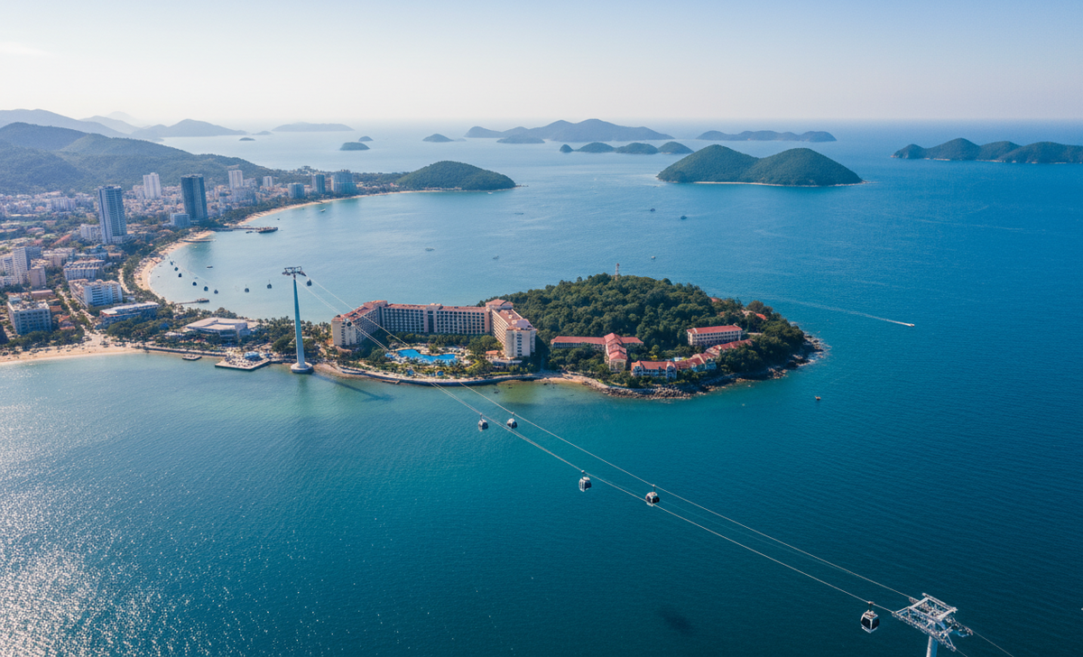 Бухта Нячанг вид сверху, канатная дорога на остров развлечений Vinpearl.
