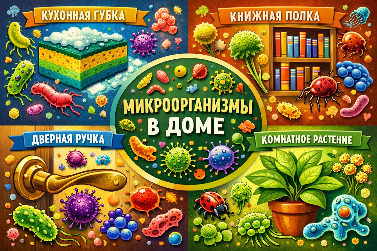 Стилизованная инфографика, показывающая разнообразие микроорганизмов в разных частях дома: кухонная губка, книжная полка, дверная ручка, комнатное растение. Можно использовать яркие, почти художественные изображения микробов