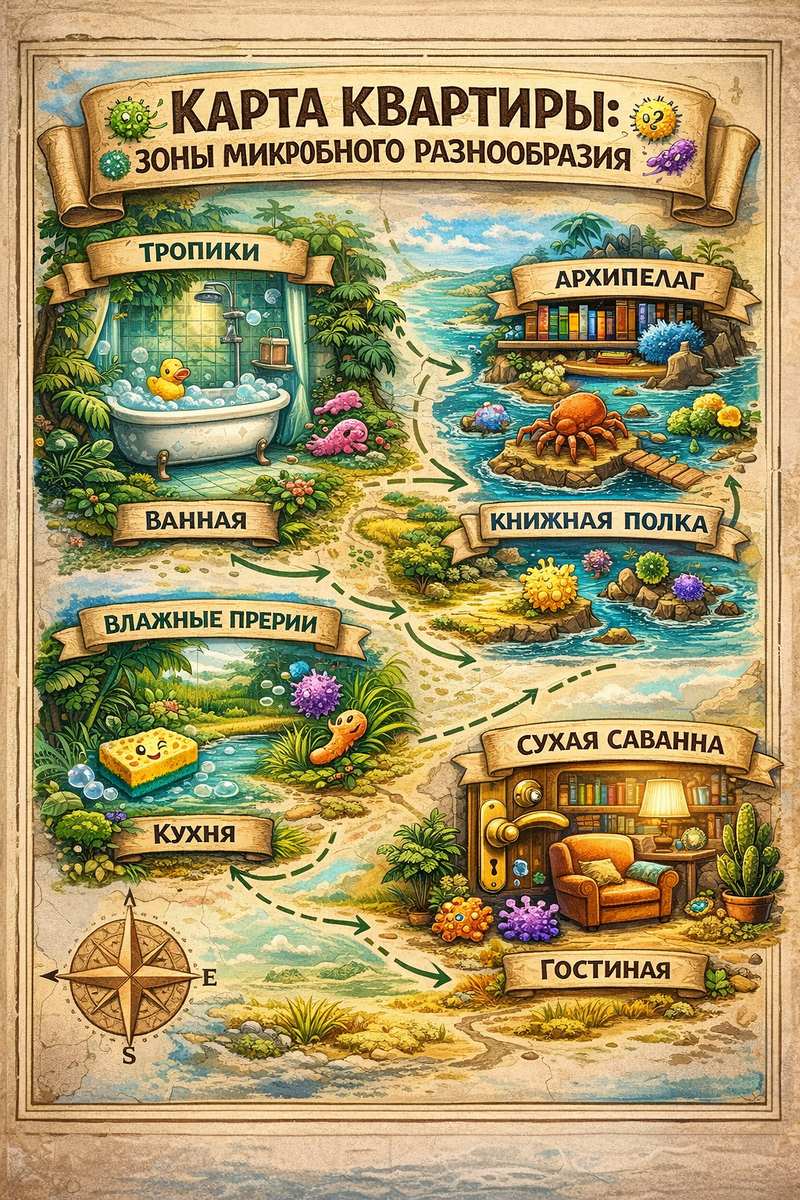 Схематическая карта квартиры с «зонами» микробного разнообразия, как на карте природных зон. Например, ванная — «тропики», кухня — «влажные прерии», гостиная — «сухая саванна», книжная полка — «архипелаг».