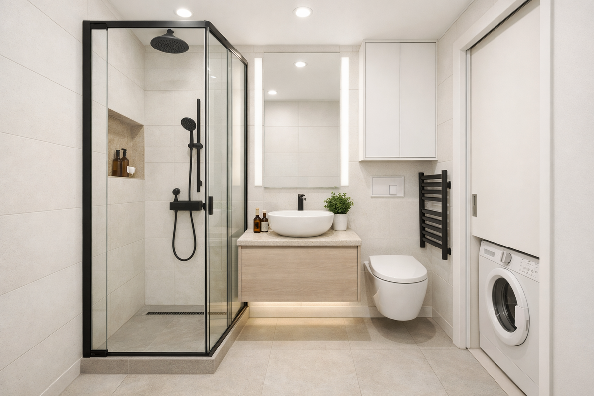 Санузел 2,6 м² в хрущёвке «под сдачу»: светлый кадр, максимум удобства и ремонт, который не убить

