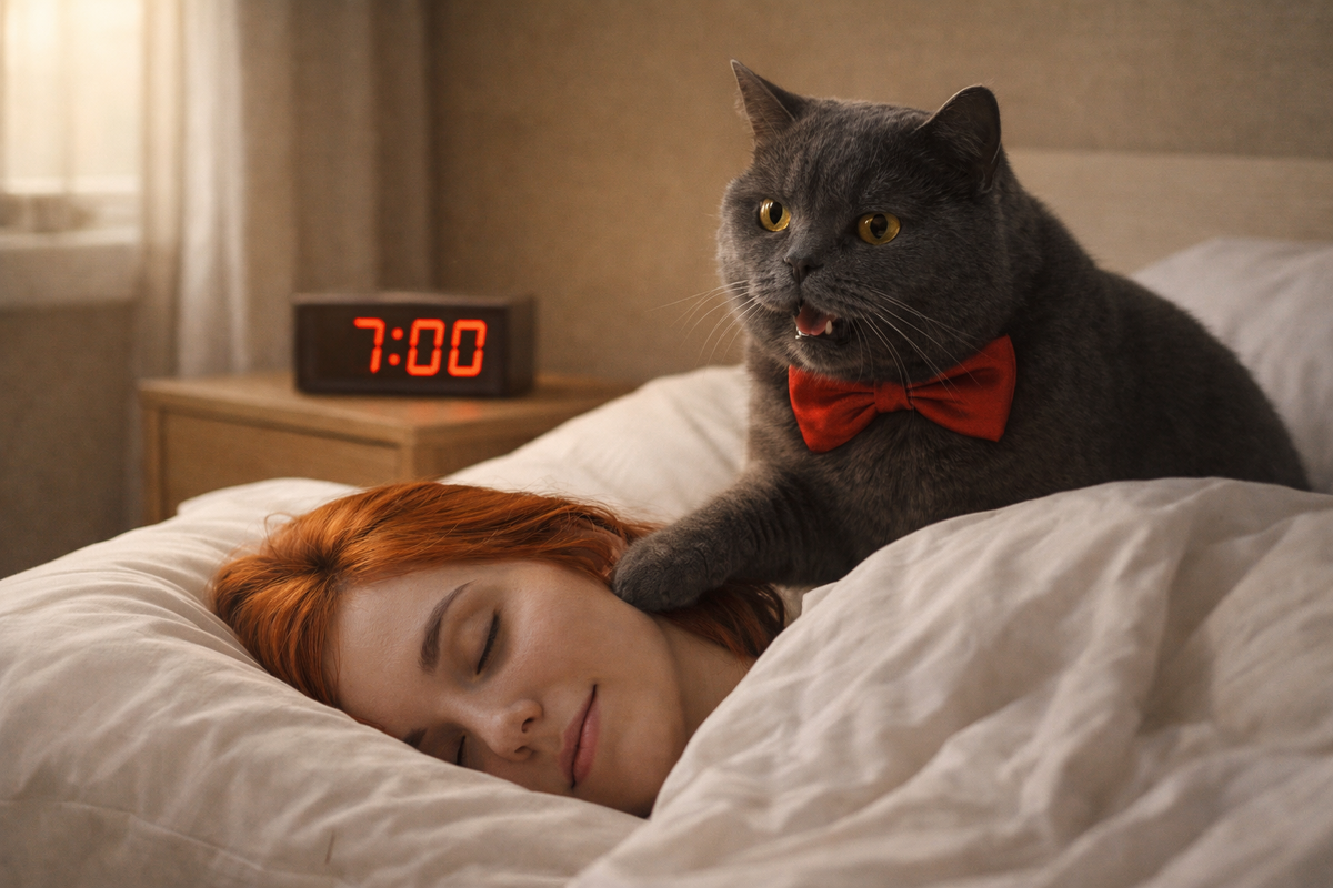 Иллюстрация создана автором с помощью нейросети специально для статьи
"Железная дисциплина пушистого начальника: когда внутренние часы кота работают точнее швейцарских механизмов, а выходные - не повод нарушать режим завтрака"