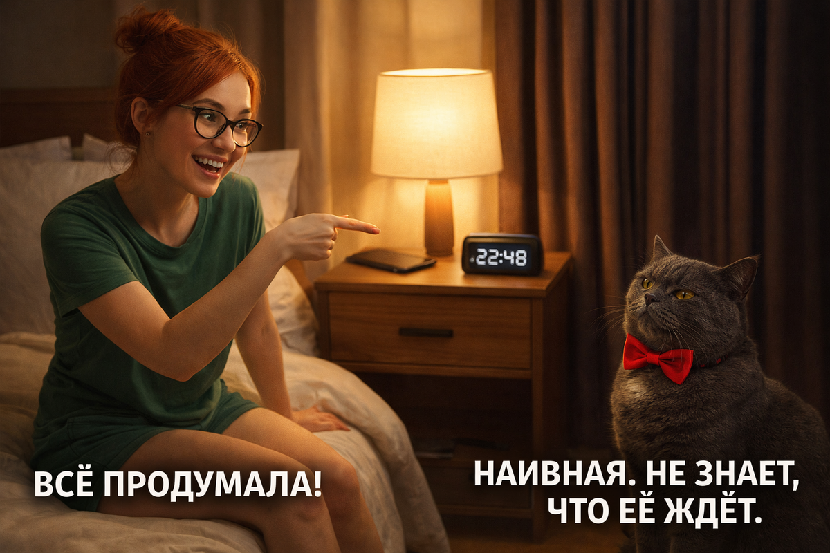 Иллюстрация создана автором с помощью нейросети специально для статьи
"Когда человек планирует идеальные выходные, а пушистый начальник уже составляет контр-план: железная дисциплина против наивных надежд на долгий сон"