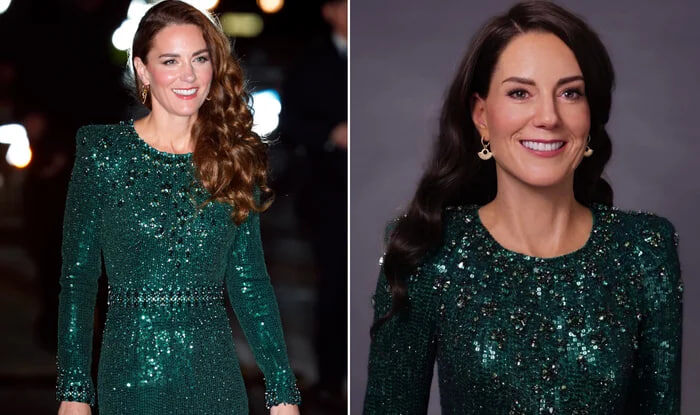 герцогиня Кембриджская, 2019 год, слева - ее восковая копия в музее Паноптикум