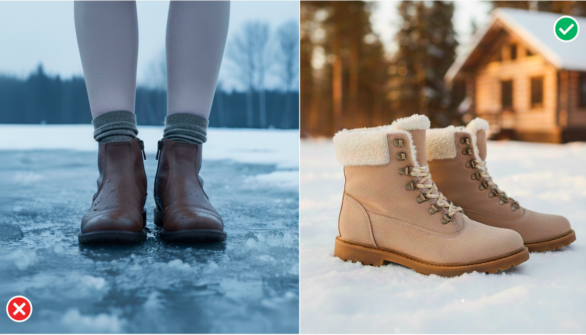 Слева: тонкая подошва — гарантия замерзших ног. Справа: тракторная подошва и мех — секрет тепла и стиля этой зимой.