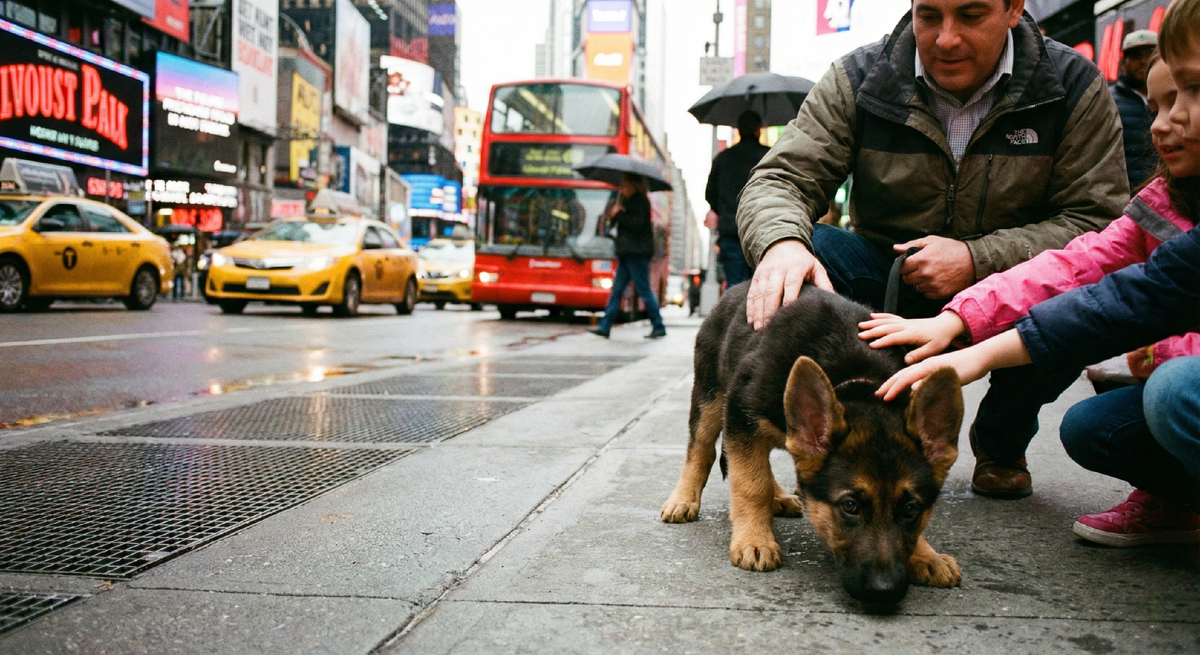 Щенок овчарки на оживлённой улице, взрослый и ребёнок его гладят, вокруг машины и люди.