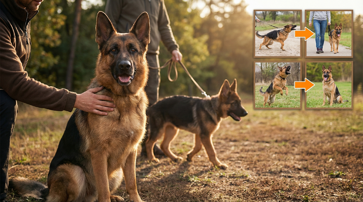 На фото — две овчарки на тренировке на улице, рядом хозяева. На переднем плане одна собака сидит спокойно, вторую держат на поводке. В правом верхнем углу вставлены изображения с этапами дрессировки: шаги социализации и послушания с четкими визуальными стрелками. Обстановка говорит о процессе обучения, важности правильной социализации и взаимодействия с животным.