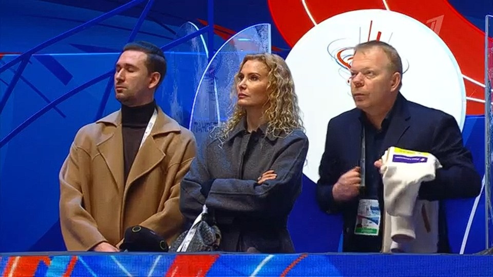    Тренерский штаб Тутберидзе. Фото: стоп-кадр прямого эфира "Первого канала"