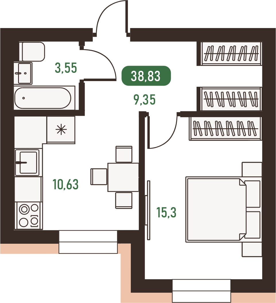 Общая площадь: 38.83 м²
Жилая площадь: 15,3 м²
Площадь кухни: 10,63 м²
Количество санузлов: 1
Отделка: чистовая