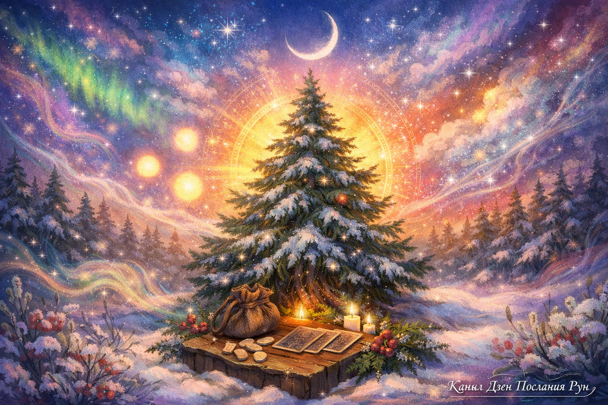 Новолуние перед Йолем — время, когда руны особенно чутко слышат ваши просьбы. Эта иллюстрация к руническому раскладу на исполнение трёх желаний: что принесёт новый лунный месяц, куда направить магию намерения и как договориться с Высшими Силами. Подойдёт всем, кто любит гадание на рунах, практикует руническую магию и ищет знак, что судьбоносные перемены уже рядом.