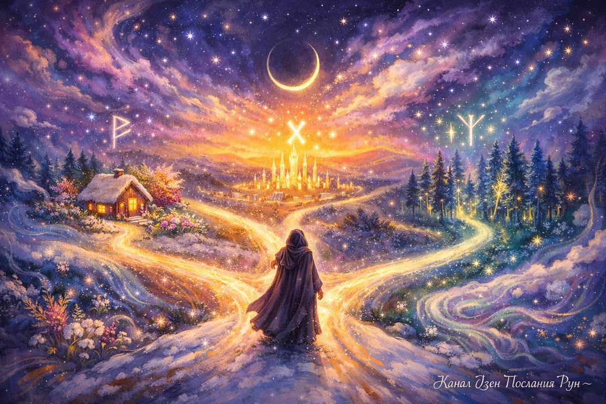 Три светящихся дороги, три возможных будущих и один вопрос к рунам: куда идти дальше? Иллюстрация к раскладу на рунах о выборе пути, предназначении и скрытых поворотах судьбы. Если вы интересуетесь гаданием на рунах, хотите спросить рунический оракул о своём будущем и почувствовать подсказку Новолуния, этот образ поможет настроиться на верный выбор.