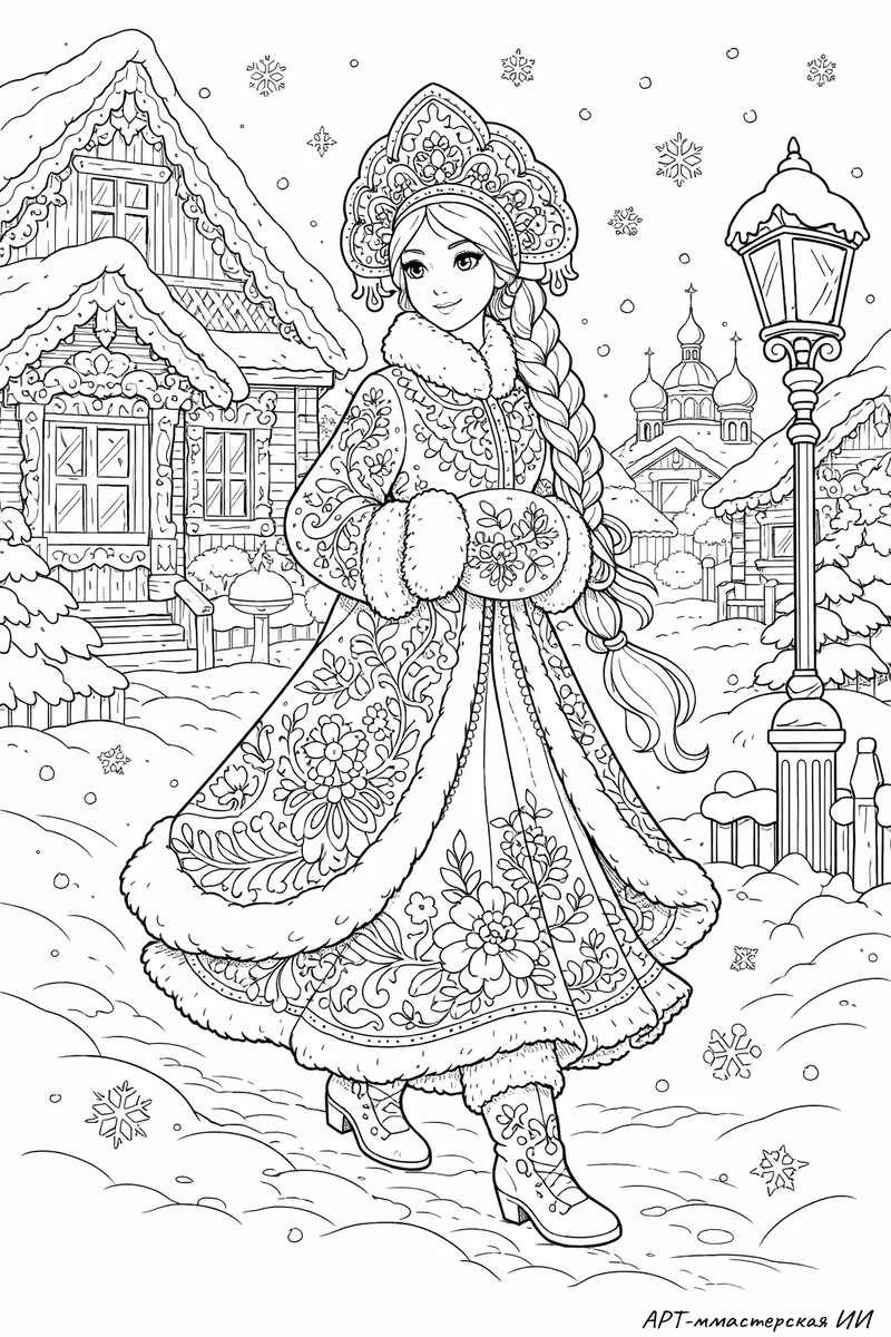 Иллюстрация из серии «Снегурочка». АРТ-мастерская ИИ — новогодняя сказка в линиях и образах