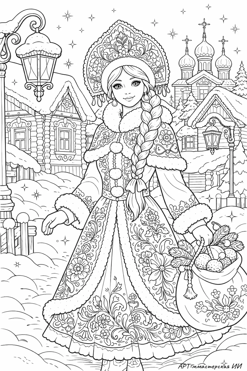 Иллюстрация из серии «Снегурочка». АРТ-мастерская ИИ — новогодняя сказка в линиях и образах