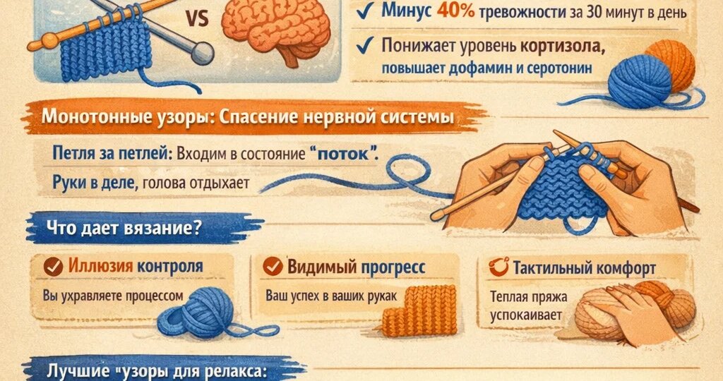 Вязание как антистресс в условиях новостей: почему спицы работают лучше медитаций