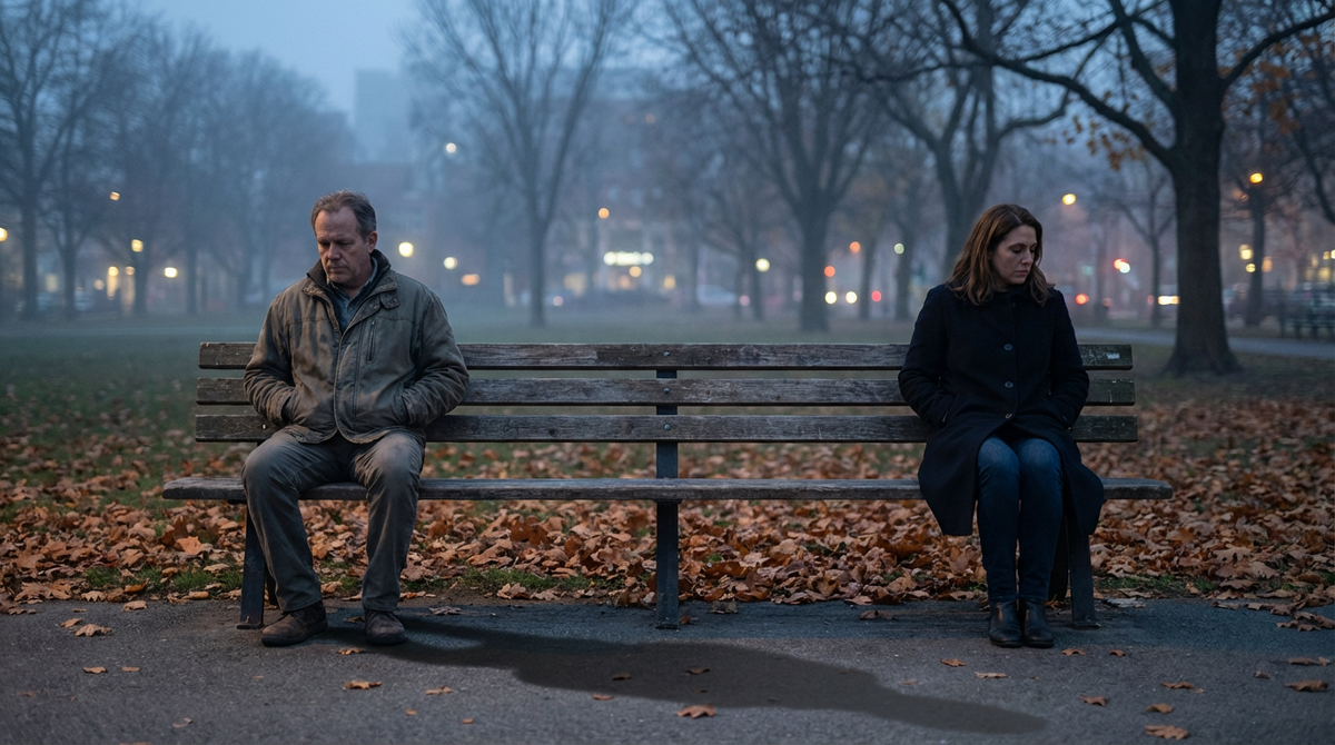 Два родных человека на одной скамейке — и километры молчания между ними.