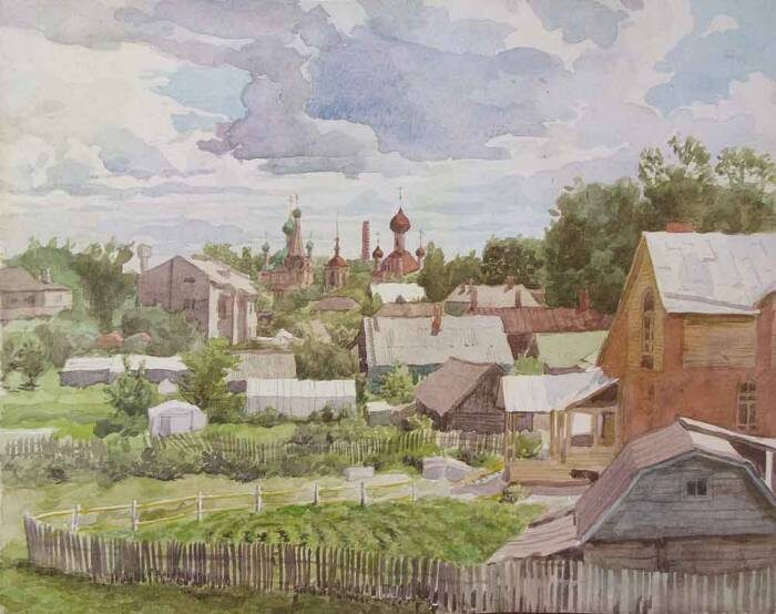 Пресняков М. А. Переславль-Залесский. Вид с вала. 1993г. бум., акв., 25х32