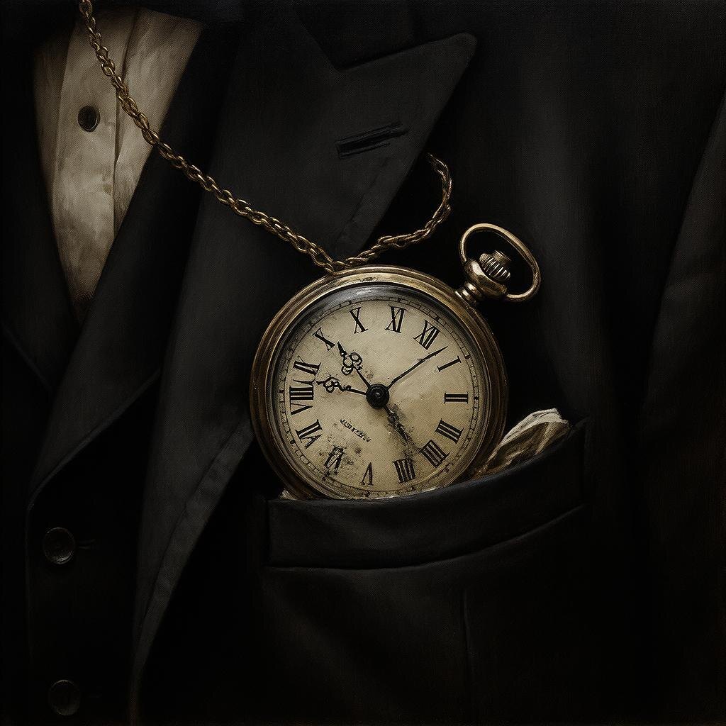 Карманные часы на цепочке выпадают из жилетного кармана. Стрелки размыты, символизируя, как тревога крадет время. Викторианский стиль.