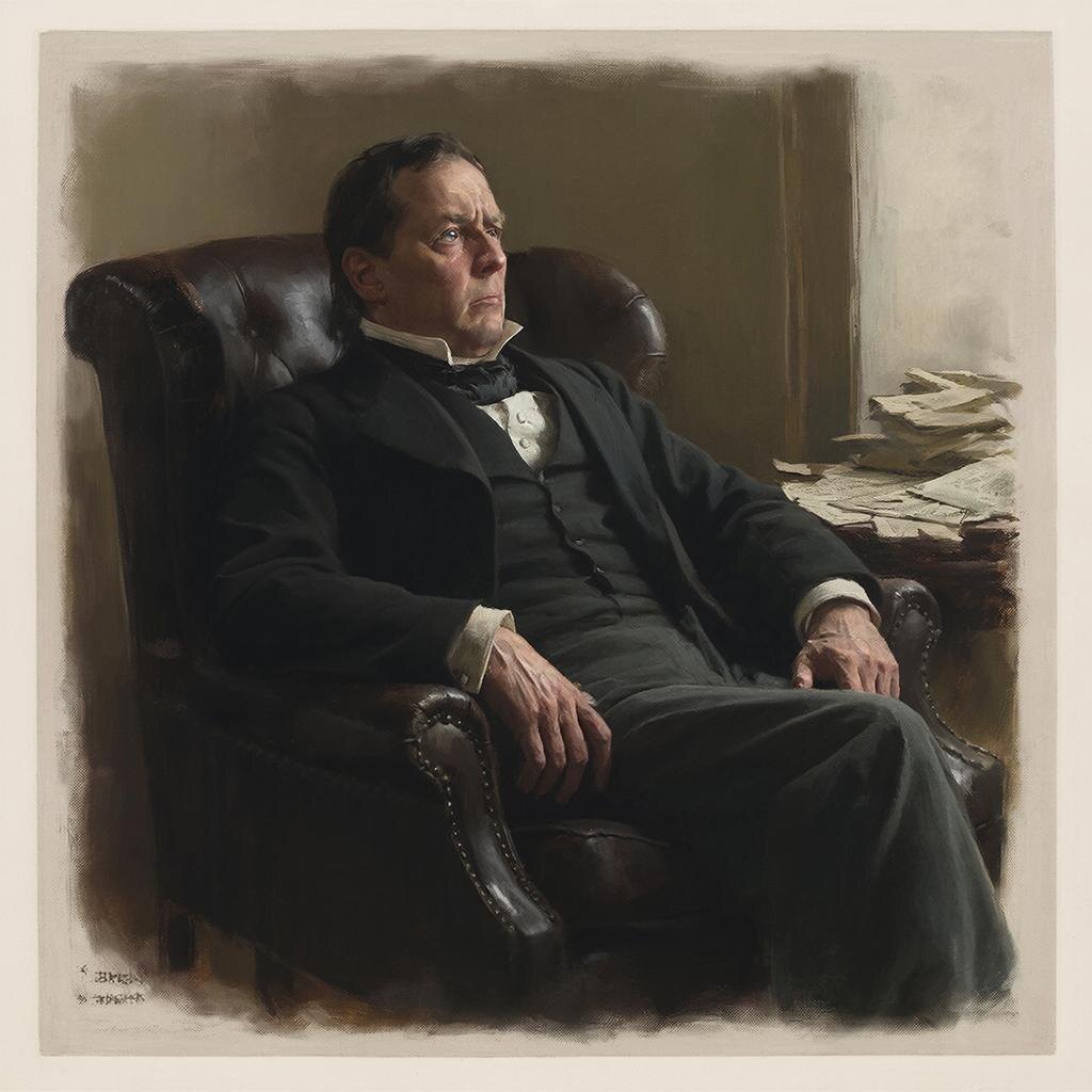 Встревоженный викторианский джентльмен в костюме сидит в кресле. Он нервно барабанит пальцами по коленке, взгляд беспокойный и рассеянный.