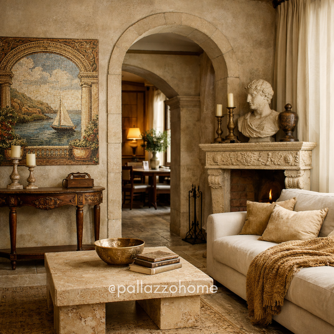 Классический итальянский интерьер палаццо: арочные проёмы, камин из камня, настенное панно, исторические мотивы. Архитектура как основа интерьера — характерная черта итальянского стиля в доме.