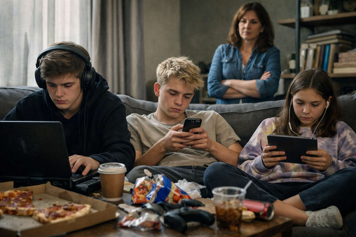 иллюстрация от ИИ. Ну да, примерно так. И на переменах примерно также. Каждый в своем.