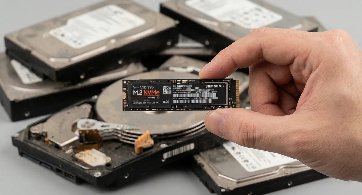 Эволюция накопителей в одном кадре. Маленькая плата M.2 NVMe в руке — это современная скорость и компактность, а гора пыльных жестких дисков (HDD) на фоне — это прошлое, которому место в музее или на "складе" для архивов.