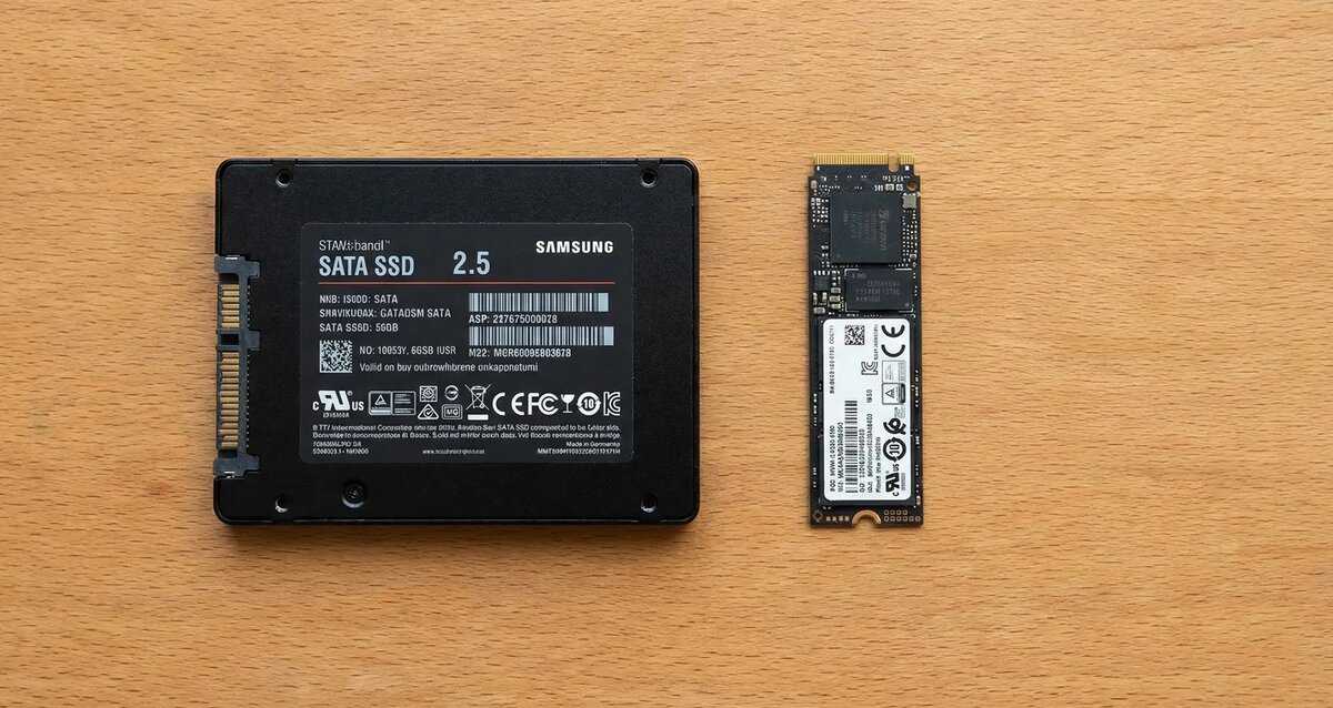 Наглядная разница форм-факторов, о которых мы говорили в статье. Слева — классический SATA SSD в корпусе 2,5 дюйма (требует проводов для подключения), справа — современный M.2 NVMe, который вставляется прямо в материнскую плату и занимает минимум места.