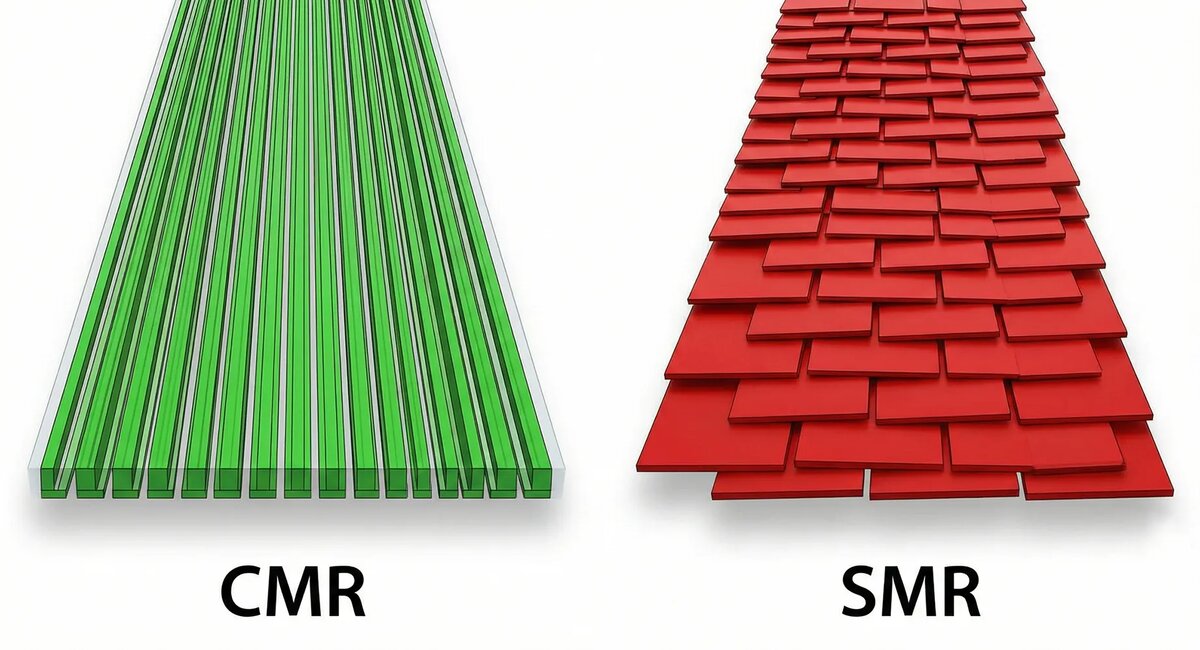 Наглядно о главной проблеме: слева классическая запись (CMR), где данные лежат аккуратно. Справа — «черепичная» запись (SMR), где слои перекрывают друг друга, убивая скорость при перезаписи.
