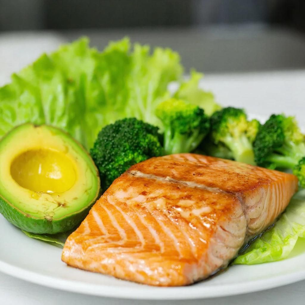 стейк из филе лососевых с капустой брокколи, салатными листьями и  свежим авакадо, иллюстрация ГигаЧат