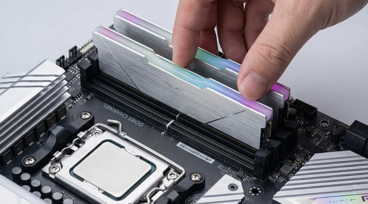 Правильный выбор для стабильной работы DDR5: две планки памяти, установленные в нужные слоты для двухканального режима. Четыре модуля выглядят красиво, но часто становятся причиной головной боли с настройкой и стабильностью