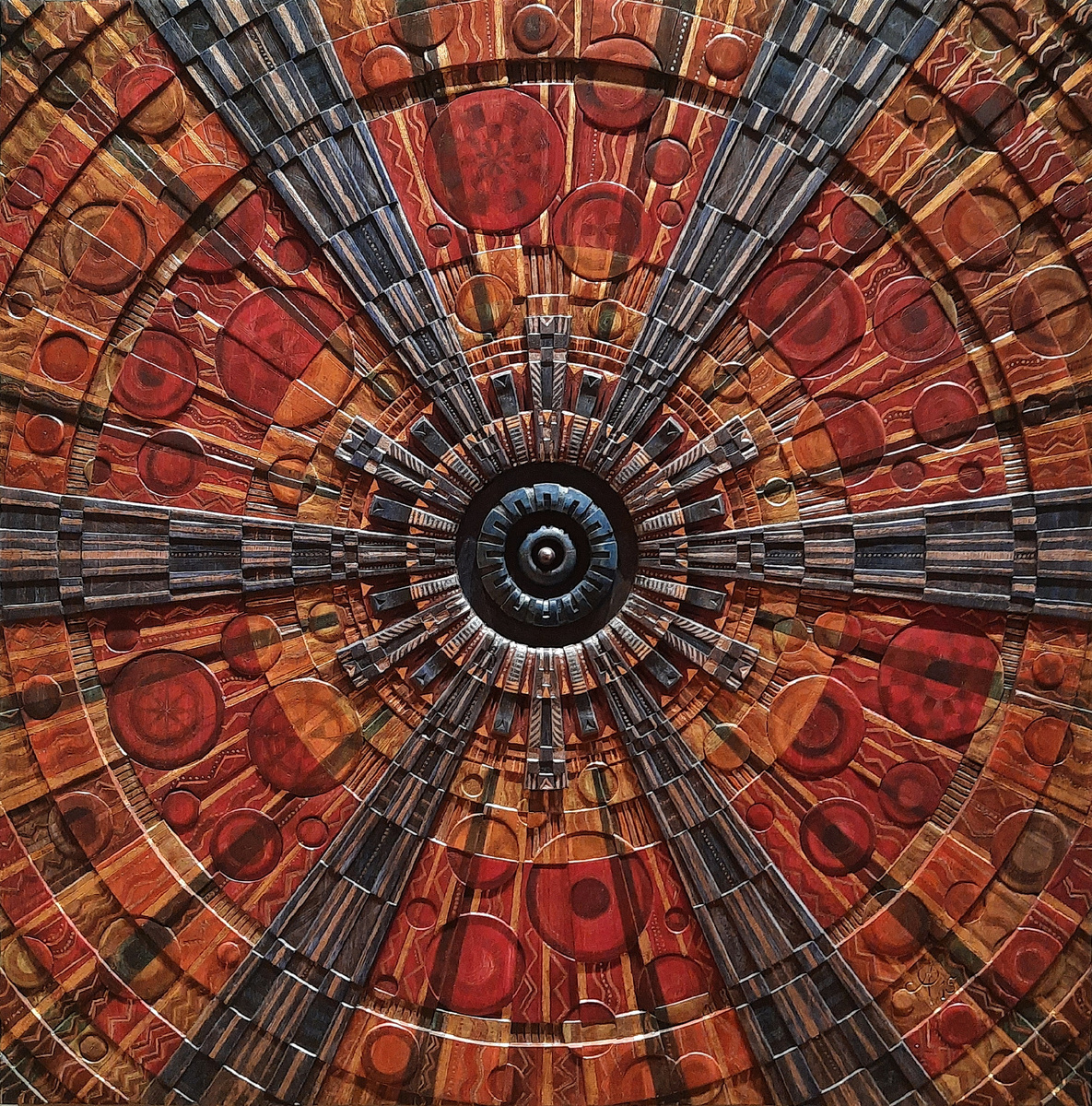 "Рождение Вселенной", Дерево, низкий рельеф, натуральные пигменты, сусальное золото, цветные металлы, 73х73. Все фотографии в статье мои
